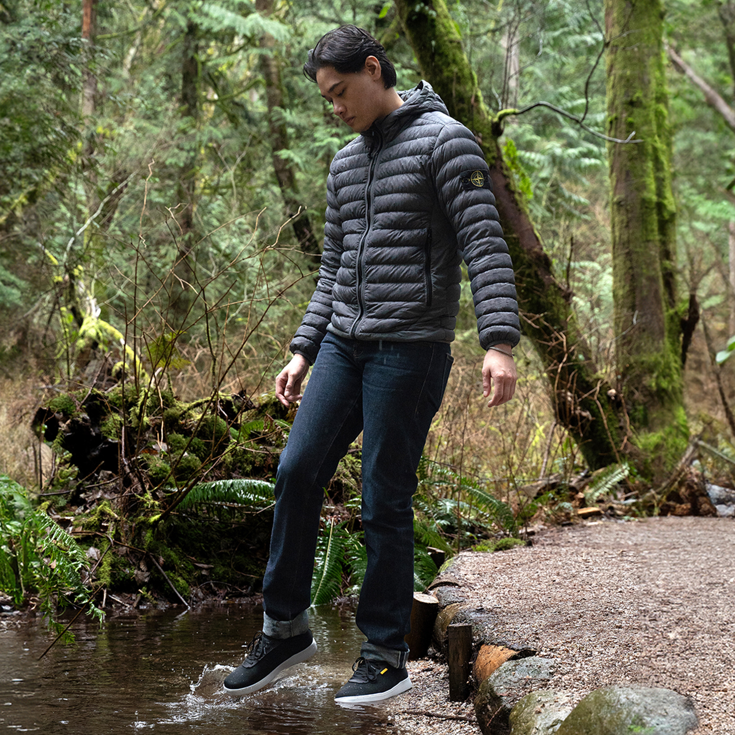 black waterproof shoes for walking through forest water